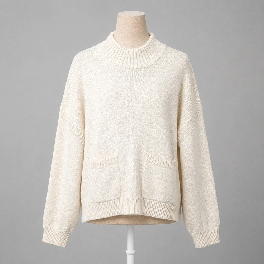 J Crew Womens Cashmere Mock Neck Pocket Sweater‎ Size M White Classic Fisherman